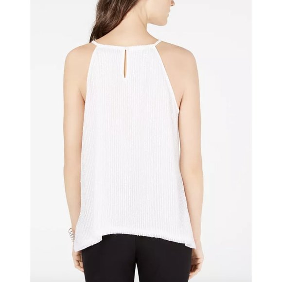 INC Womens Sequin Spaghetti Strap Jewel Neck Trapeze Party Top White M - Picture 2 of 2